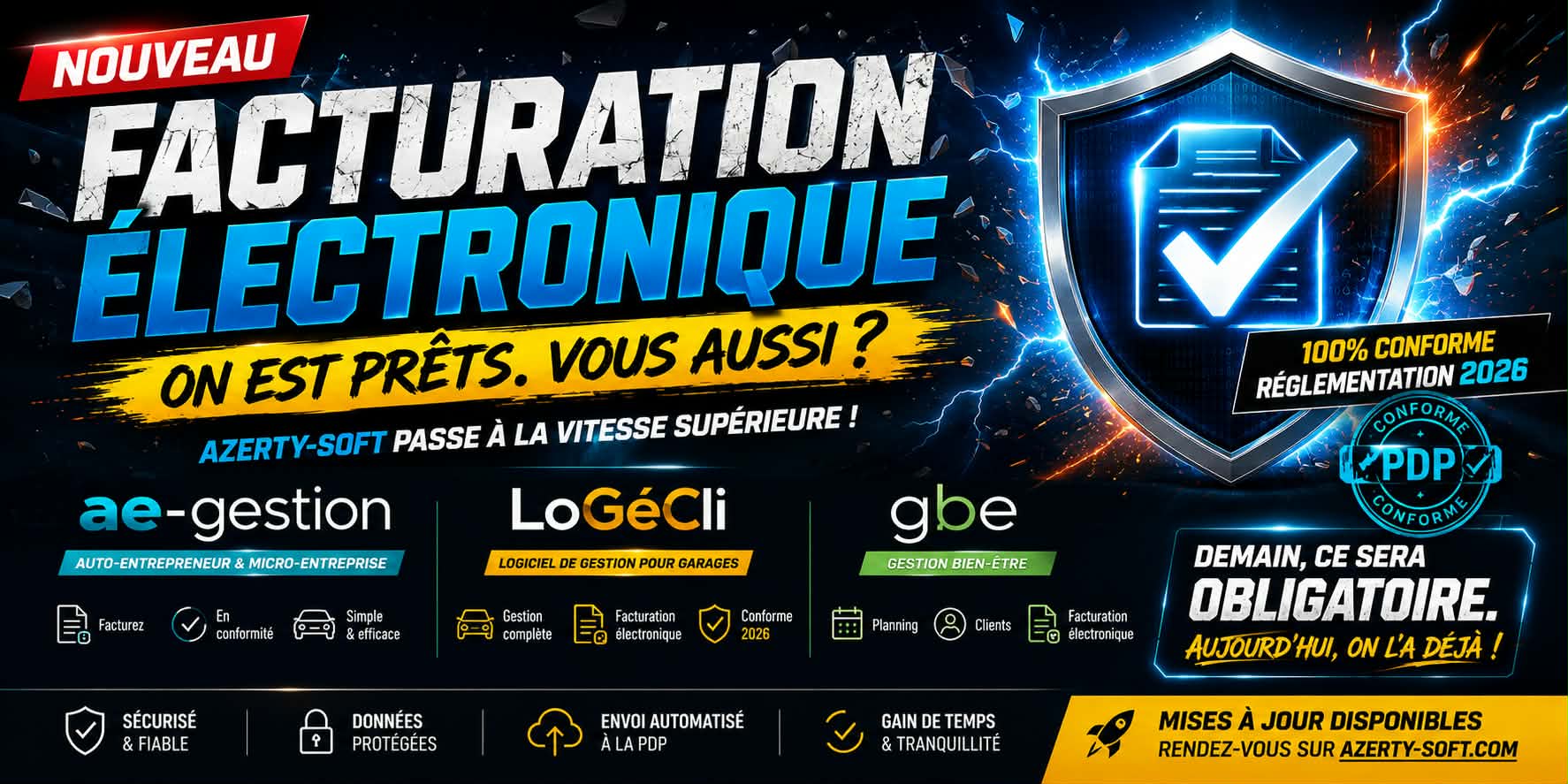 Bannière AZERTY-SOFT : les logiciels ae-gestion, LoGéCli et gbe conformes à la facturation électronique obligatoire en 2026